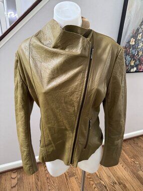 Cigno Nero Genuine Leather Asymmetric Zip Moto Jacket Green Size 44